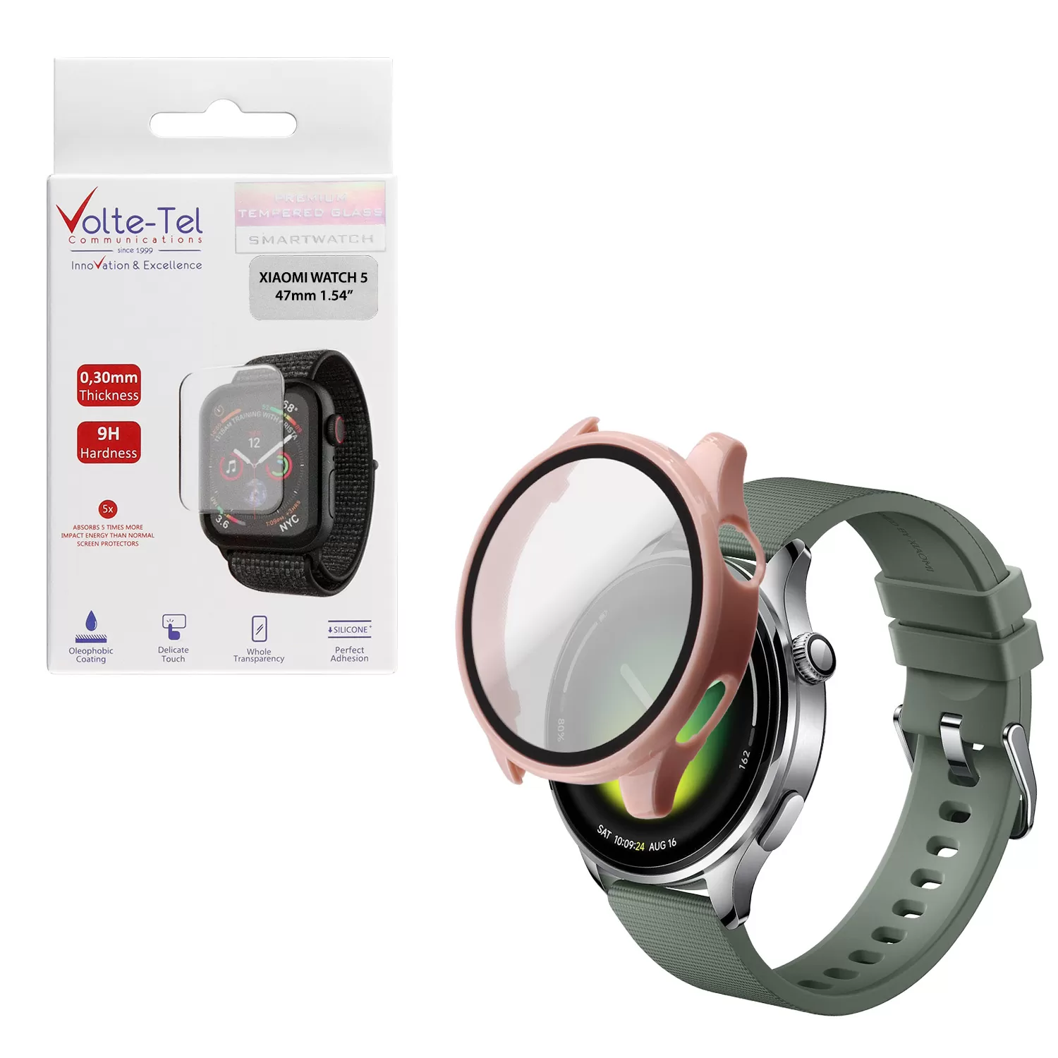 VOLTE-TEL PC EDGE COVER TEMPERED GLASS XIAOMI WATCH 5 47mm 1.54in 9H 0.30mm 3D FULL GLUE FULL COVER PINK