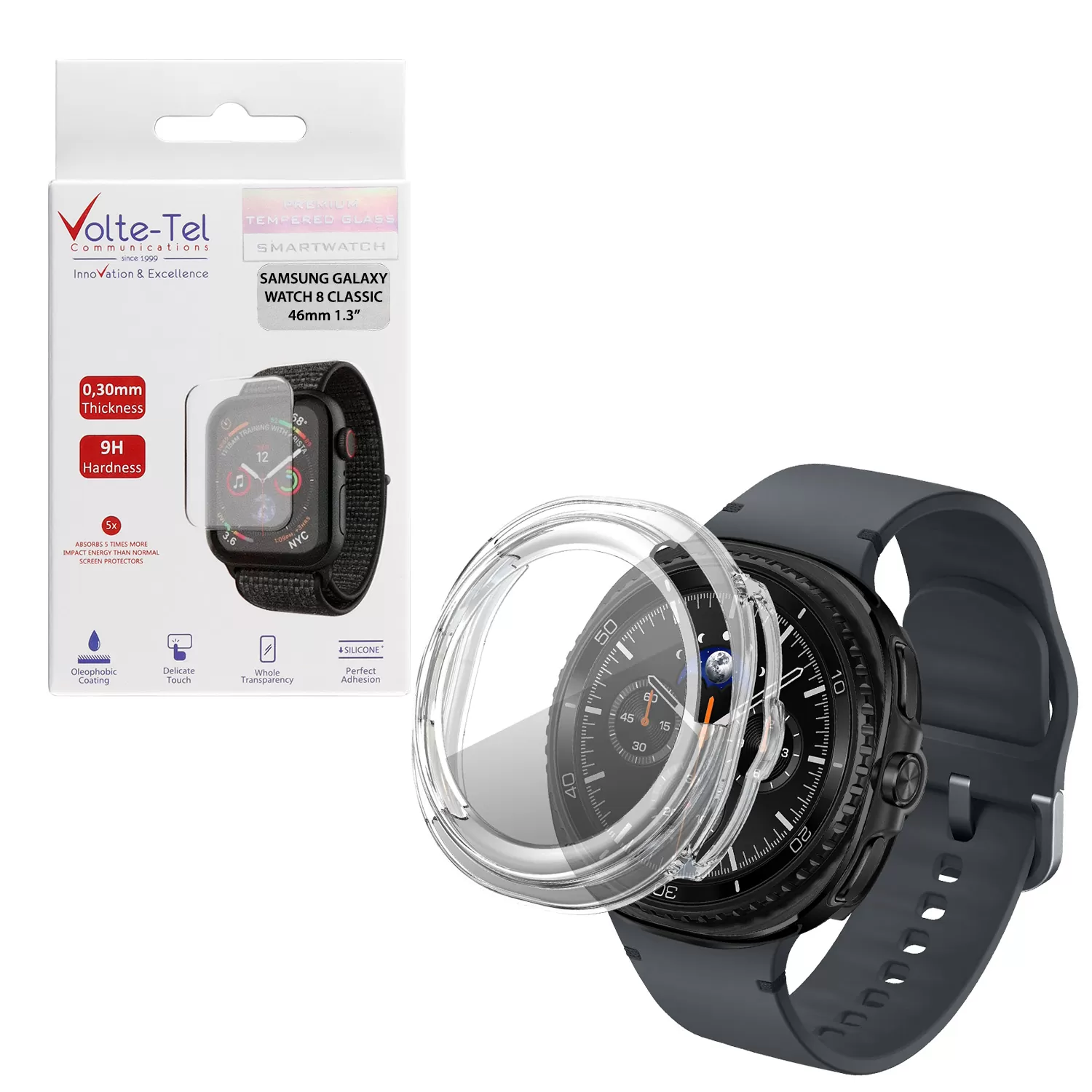 VOLTE-TEL PC EDGE COVER TEMPERED GLASS SAMSUNG GALAXY WATCH 8 CLASSIC 46mm 1.3in 9H 0.30mm 3D FULL GLUE FULL COVER TRANSPARENT