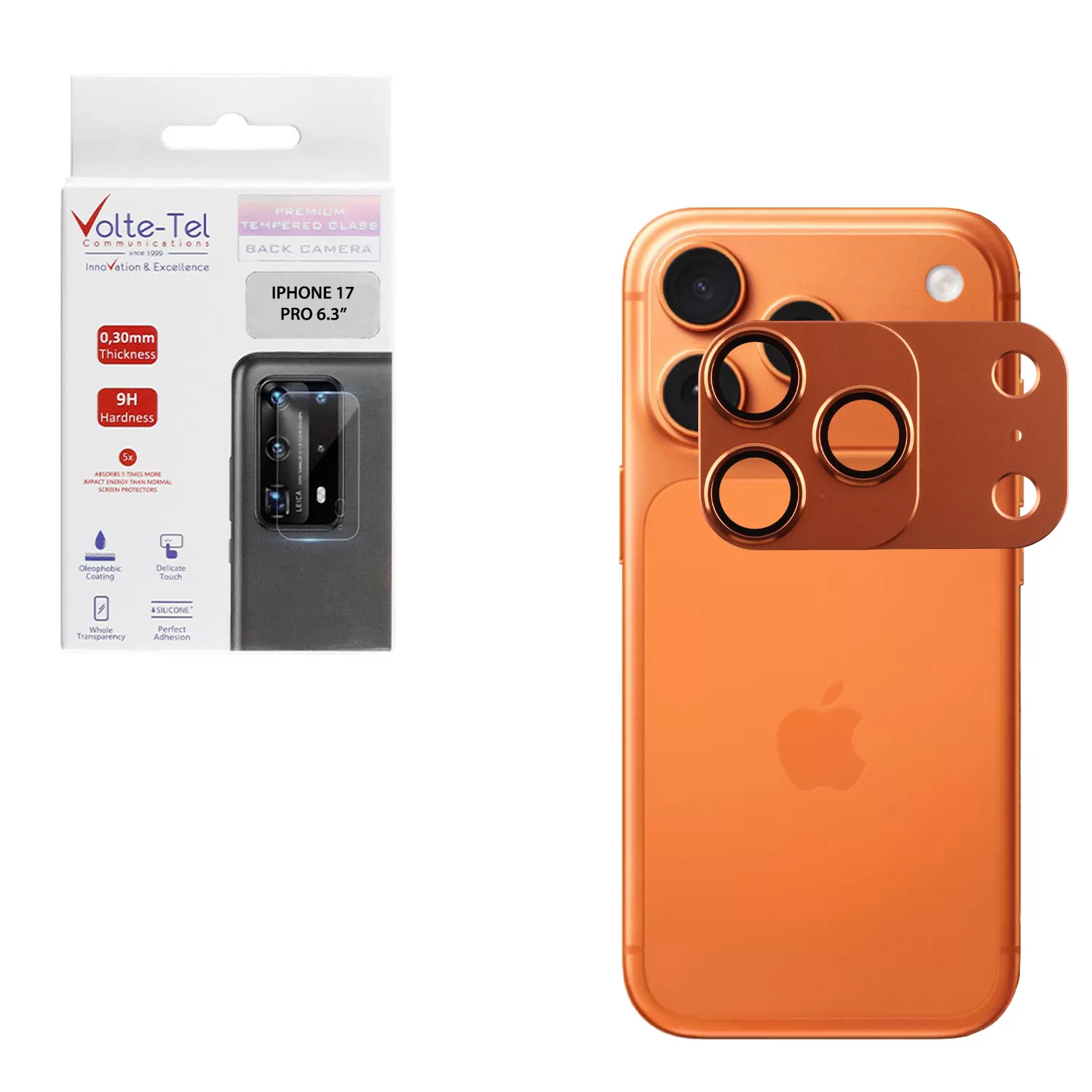 VOLTE-TEL CAMERA GLASS COVER IPHONE 17 PRO 6.3in 9H 0.30MM 3D AR ALUMINIUM-ELECTROPLATING FRAME - MAGNETIC ORANGE