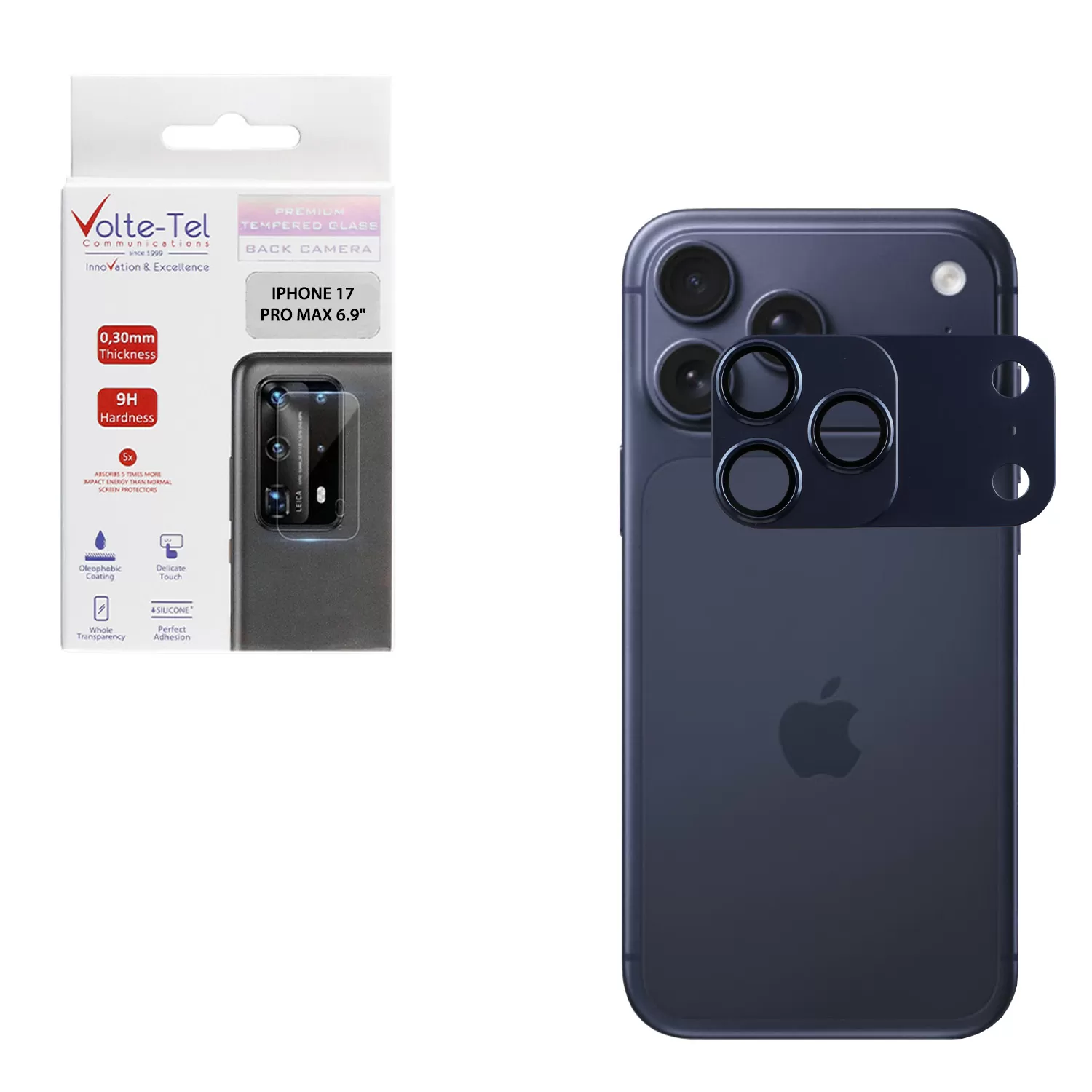 VOLTE-TEL CAMERA GLASS COVER IPHONE 17 PRO MAX 6.9in 9H 0.30MM 3D AR ALUMINIUM-ELECTROPLATING FRAME - MAGNETIC BLUE