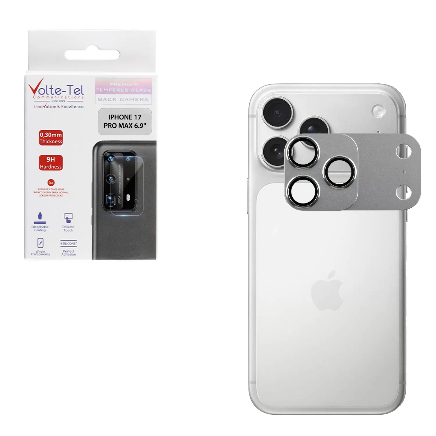 VOLTE-TEL CAMERA GLASS COVER IPHONE 17 PRO MAX 6.9in 9H 0.30MM 3D AR ALUMINIUM-ELECTROPLATING FRAME - MAGNETIC SILVER