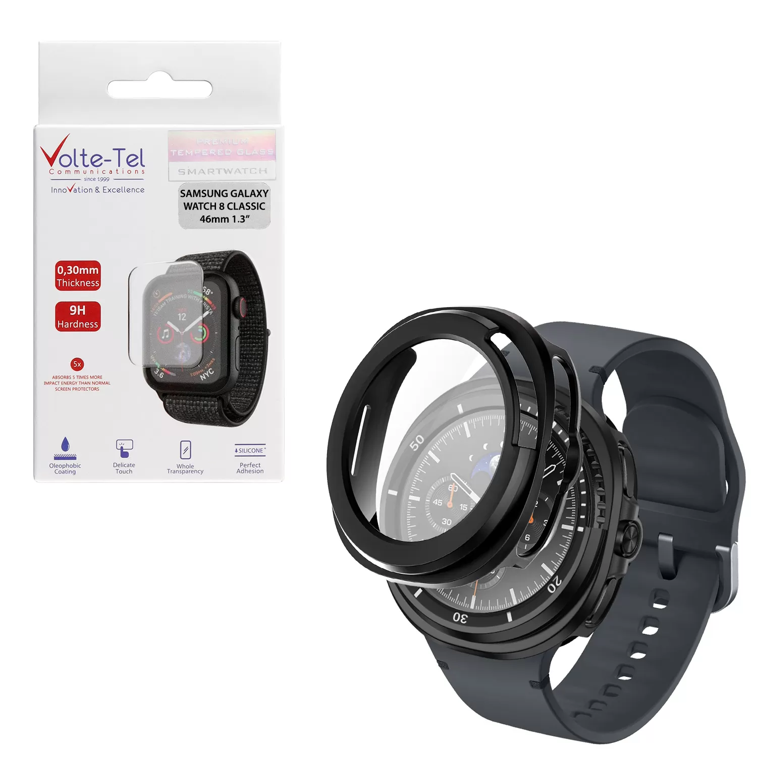 VOLTE-TEL PC EDGE COVER TEMPERED GLASS SAMSUNG GALAXY WATCH 8 CLASSIC 46mm 1.3in 9H 0.30mm 3D FULL GLUE FULL COVER BLACK