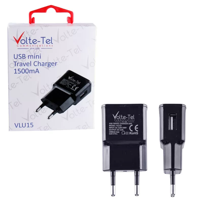VOLTE-TEL USB-A TRAVEL CHARGER mini VLU15 1500mA BLACK